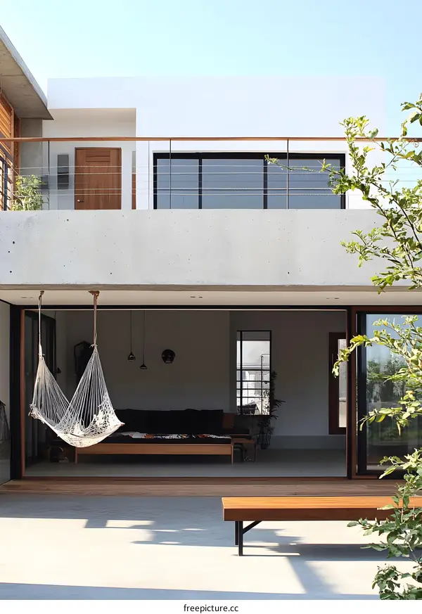 Modern Minimalist Home with Hammock Patio and Concrete Design