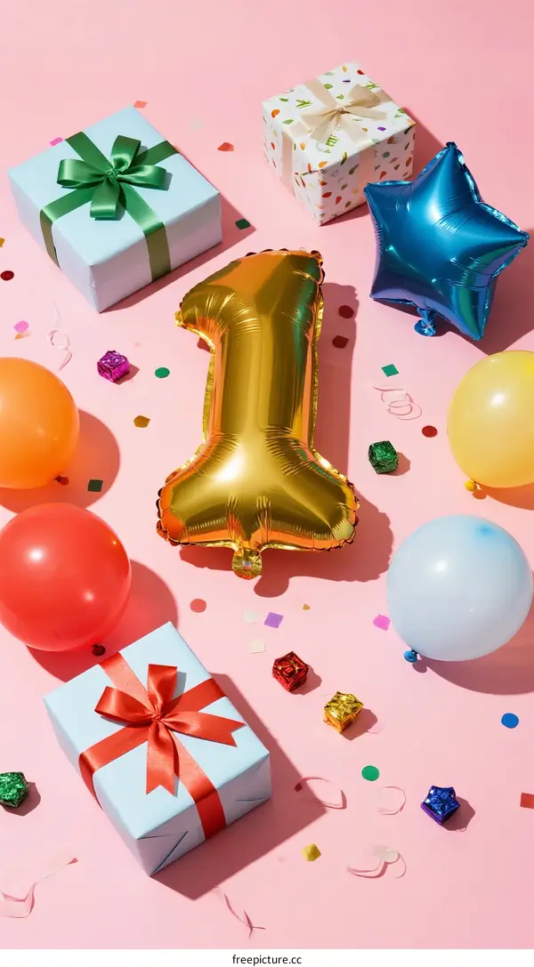 First Birthday Celebration Decorations with Balloons and Gifts