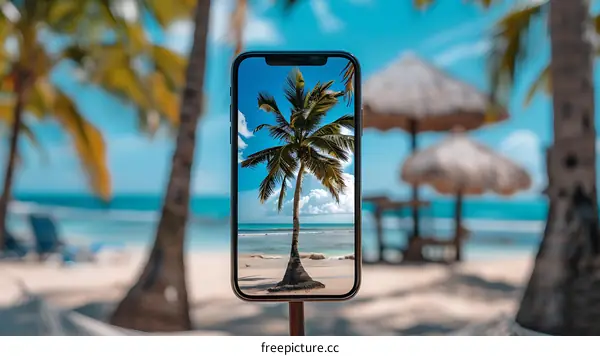 Palm Tree Photo On Mobile Phone Screen In Tropical Destination