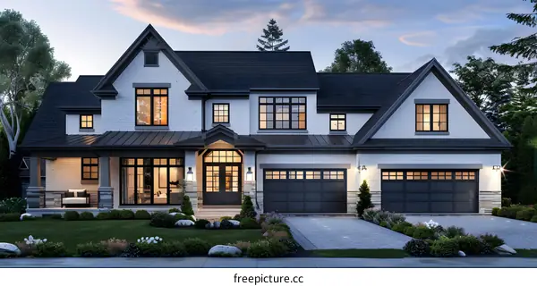 A large white house with a black roof and a three-car garage