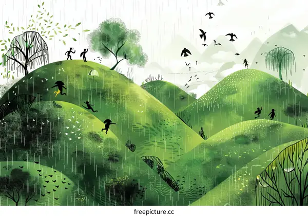 People walking in the rain in the green hills