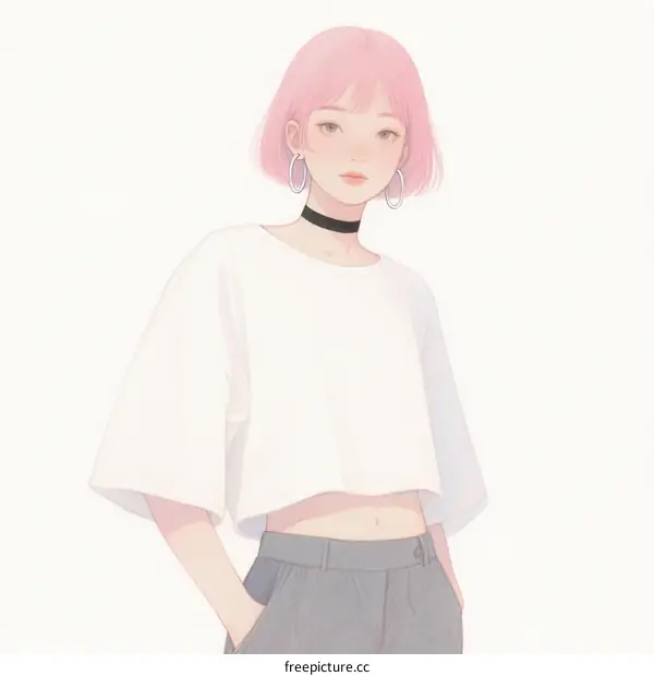 A Young Female with Pink Bob Hair Wearing White Crop Top and Gray Trousers