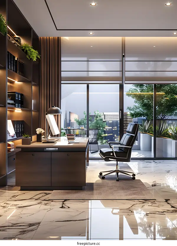 Modern office interior with large windows and a view of the city