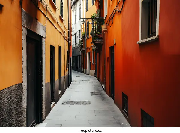 Narrow Alleyway with Orange and Red Walls in Italy