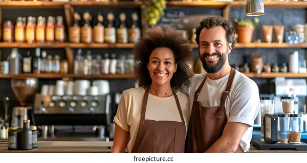 Smiling Couple Wearing Aprons Standing in Cafe