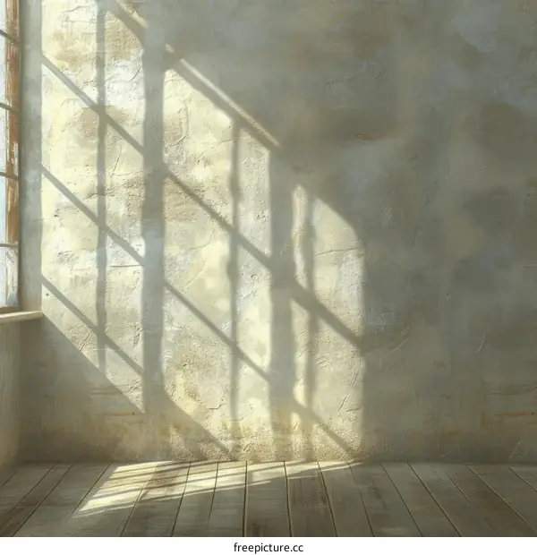 rays of light shining through a window onto a rough concrete wall and wooden floor