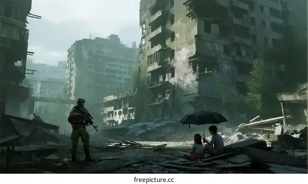 Military soldier standing amid destroyed buildings with children under umbrella