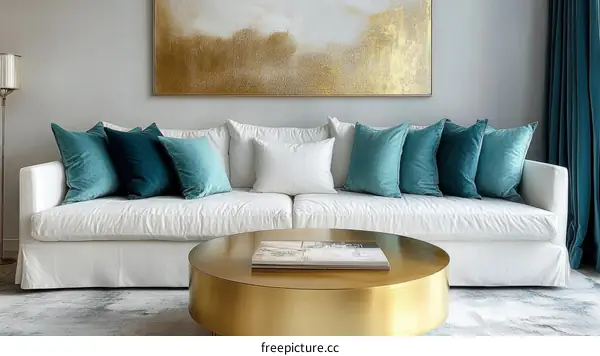Modern Living Room Decor with Teal Pillows and White Sofa
