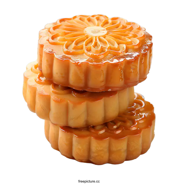 [Transparent Background PNG]Three round mooncakes with traditional patterns stacked on top of each other