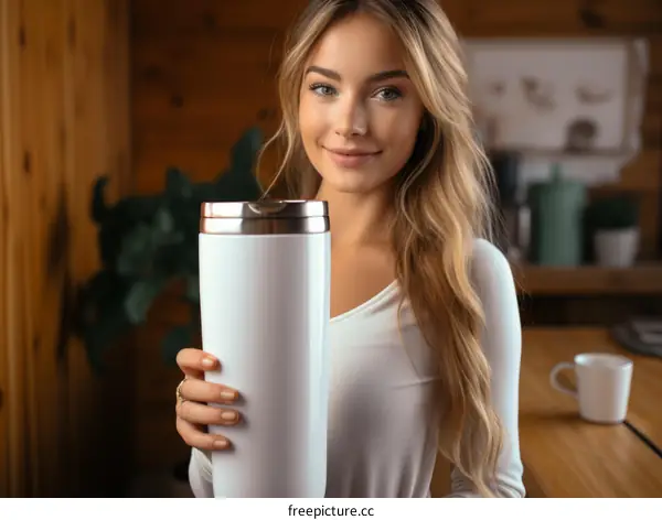 Blonde woman holding a white travel mug with a copper lid