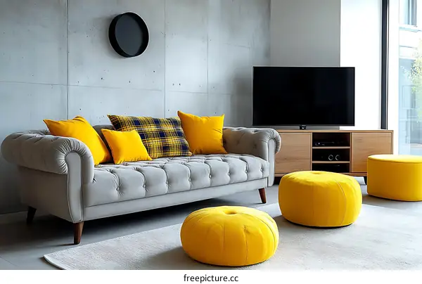 Modern Living Room with Gray Sofa and Yellow Poufs