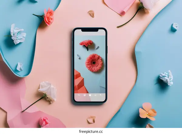 Pink and Blue Paper Background with a Phone