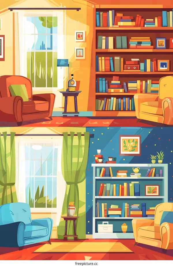 Cozy Living Room with Bookcase and Comfortable Armchairs