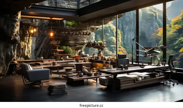 Futuristic home office with a stunning view of the mountains