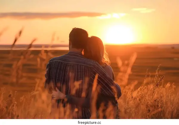 Couple Embracing at Sunset in Field of Tall Grass