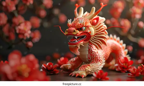 Chinese dragon with red plum blossom