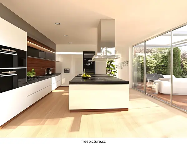 Modern Kitchen Interior Design with Island and View of Garden