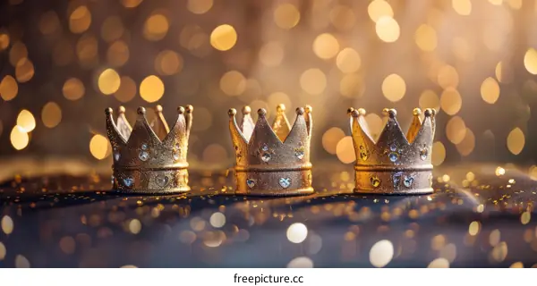 Three Golden Crowns on a Blue Background with Sparkles