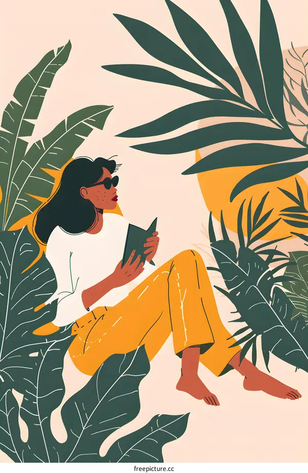 Woman Reading in a Tropical Garden Illustration