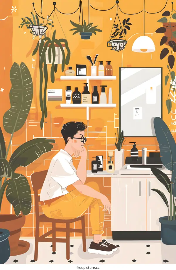 Man Sitting in a Cafe with Yellow Walls and Plants