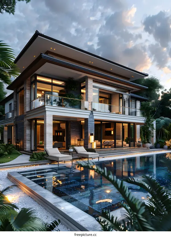 A modern house with a pool and a beautiful view