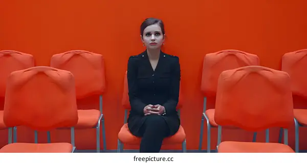Woman Sitting in Chair with Red Backrest in Front of Orange Wall