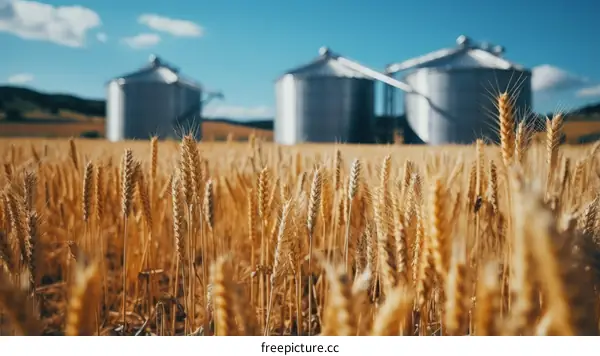 Golden wheat field with grain silos in the distance