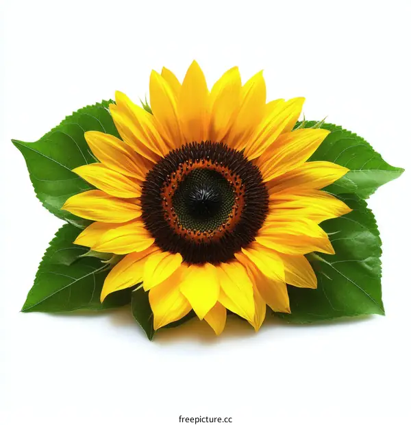Beautiful Sunflower with Green Leaves on White Background