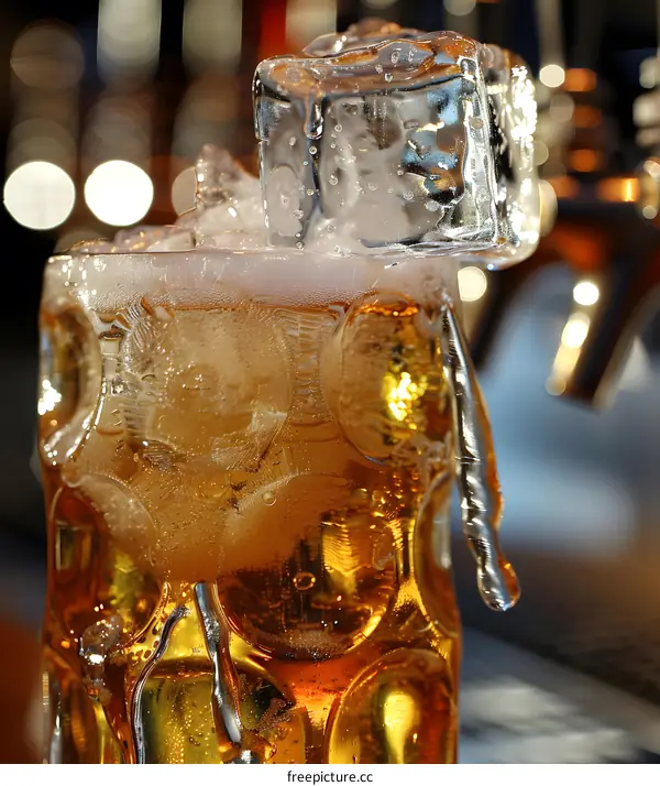 Closeup of Ice Cube Melting in a Glass of Beer