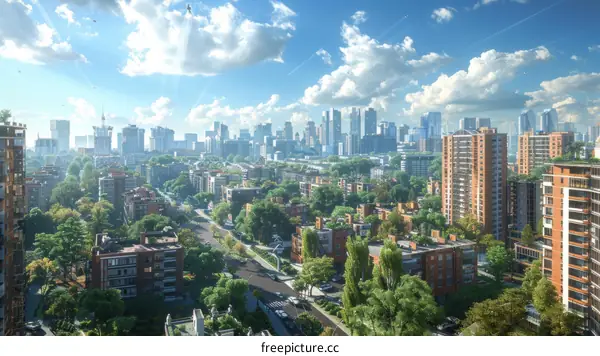 Cityscape Illustration with Lush Greenery and Skyscrapers