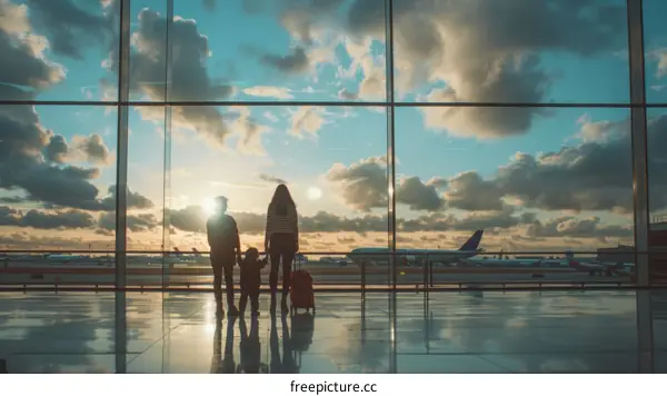 Family of three at the airport looking at the planes on the runway