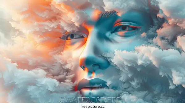 Portrait of a woman's face emerging from the clouds