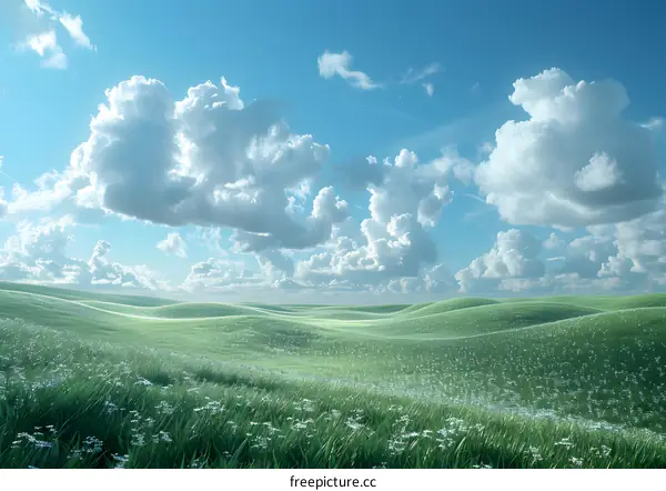 Green rolling hills under a blue sky with white clouds