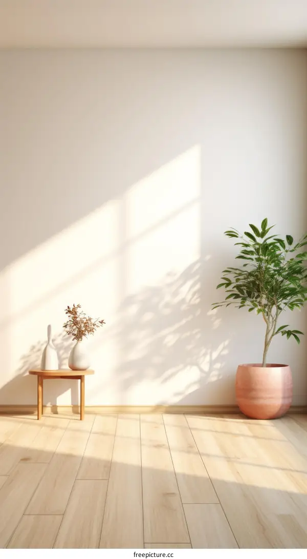 Sunlight shining through a window into an empty room with a plant and a vase on a table