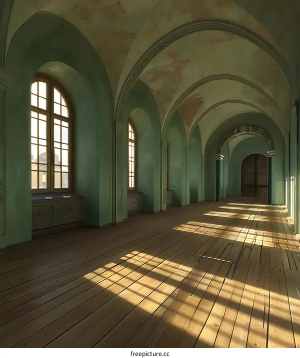 Green and Yellow Hallway With Archways