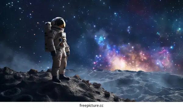 An astronaut in a spacesuit standing on a rocky moon or mars surface looking at a beautiful nebula in the starry outer space