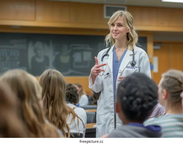 Female Doctor Giving Lecture To Students In Lecture Hall
