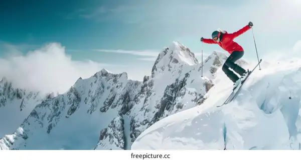 Skier jumping off a cliff in the mountains