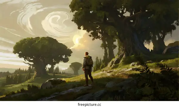 A Man Standing in Front of Enormous Ancient Trees in a Lush Field