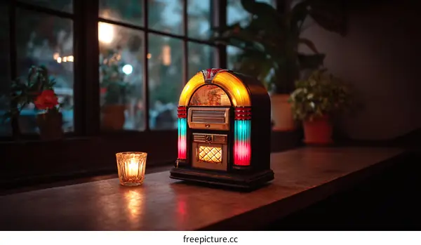 Retro Jukebox on Wooden Table by a Window