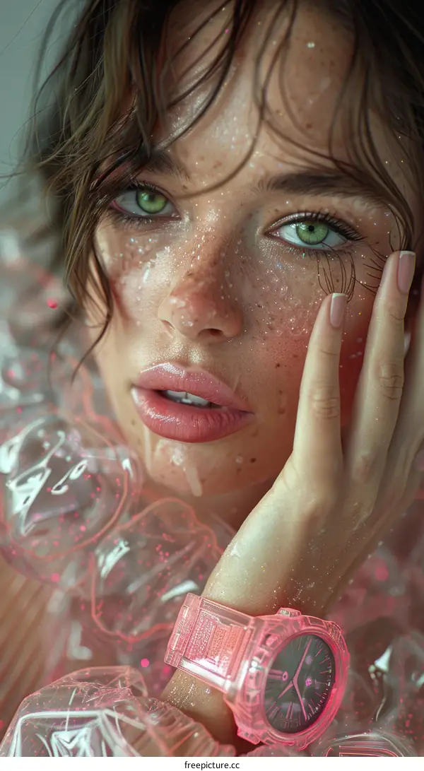 Woman with Green Eyes and Pink Watch