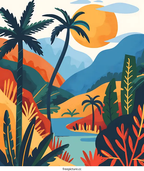 Tropical Landscape Illustration With Palm Trees And Sun