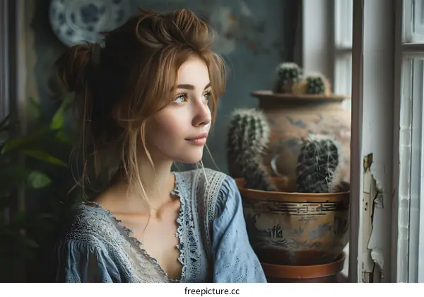 Portrait of a young woman with a bun hairstyle looking out the window