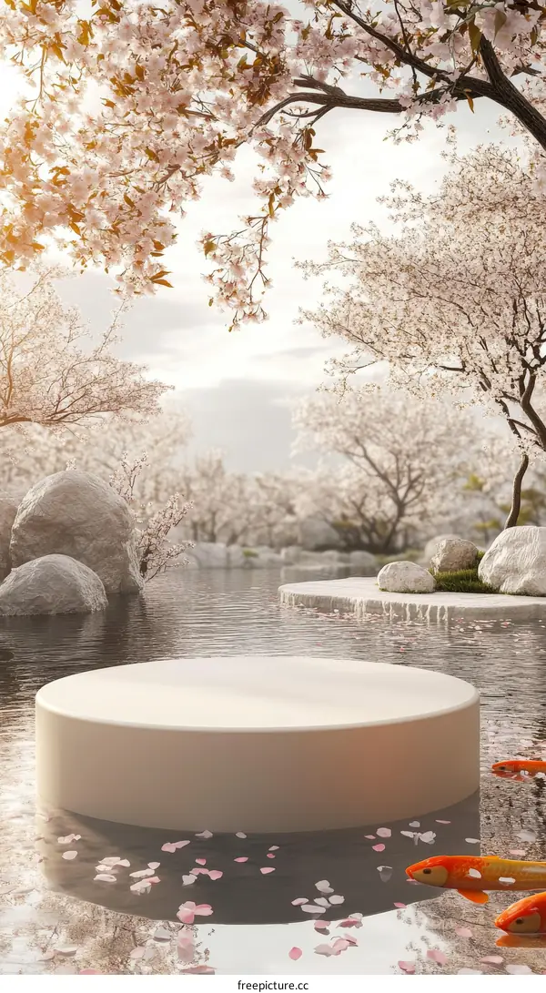 Elegant Cherry Blossom Pond Scene with Display Platform