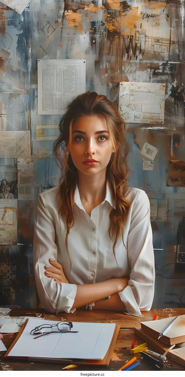 Portrait of a Young Woman in a White Shirt with a Serious Expression in a Room with Papers and a Vintage Wall