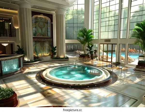 Luxurious Hotel Lobby Interior with Pool and Palm Trees
