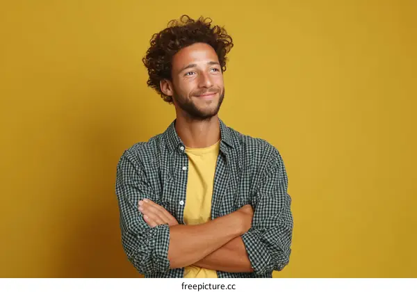 Confident Man in Plaid Shirt Against Yellow Background