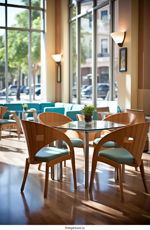 Cafe interior with large windows and wooden chairs