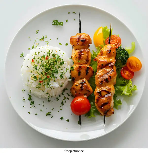 Chicken skewers with rice and vegetables