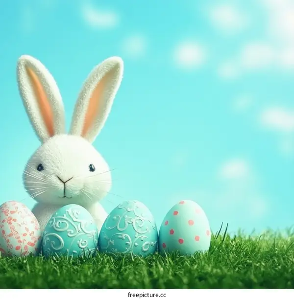 Easter Bunny and Decorated Eggs on Grass